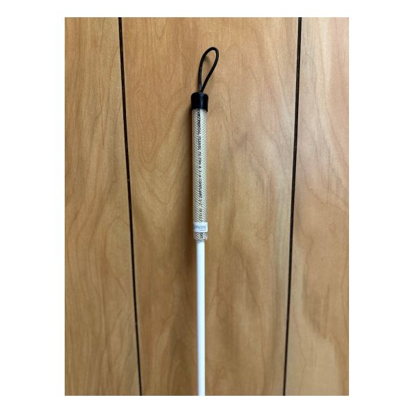 Top of D Cane showing grip, NFB logo, and cap with nylon loop.