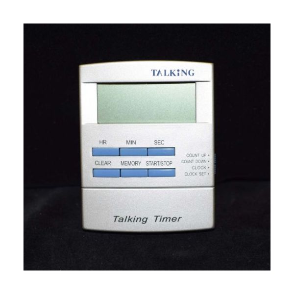 Grey talking timer with six blue buttons and LCD display.