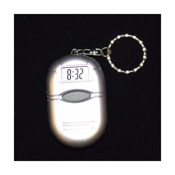 Grey oval key fob with an LCD display and a single activation/control button.