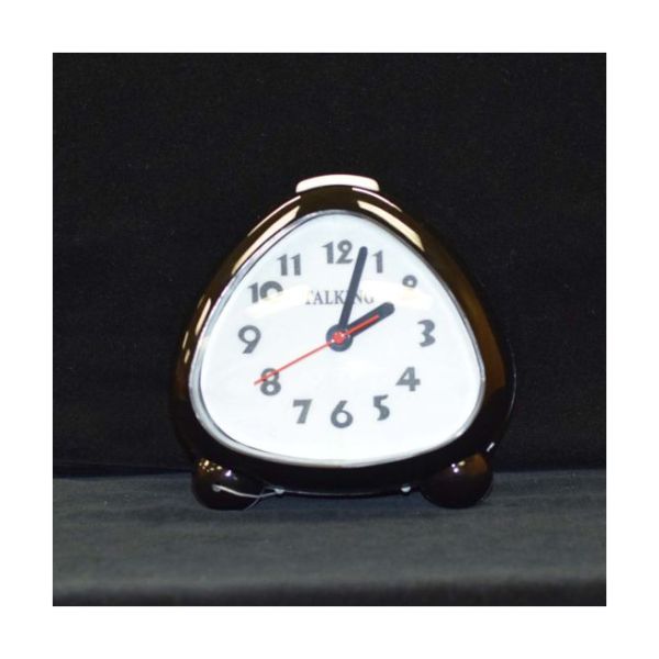 A triangular-shaped talking clock with rounded corners and an analog face with hour, minute, and second hands.