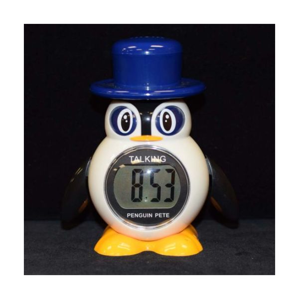 A stout plastic penguin with large eyes and a blue top hat features a digital LCD clock display in its belly.