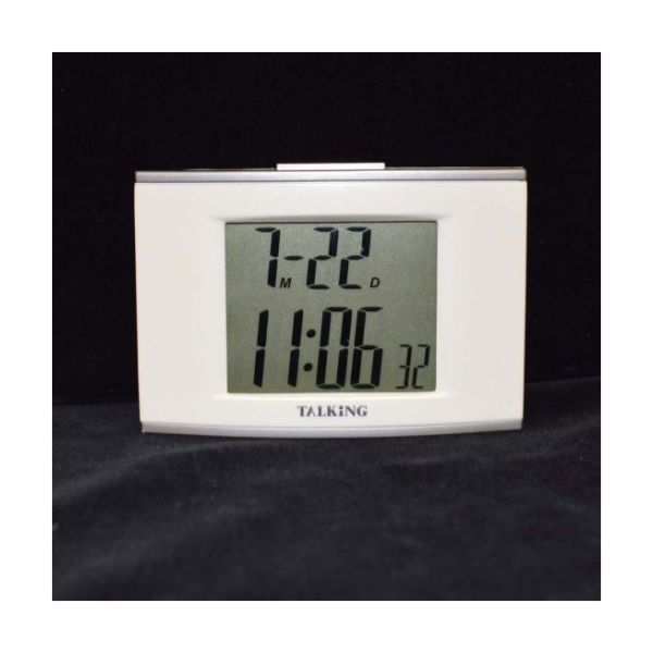Silver rectangular clock with large LCD display showing hours, minutes, and seconds as well as date and month.