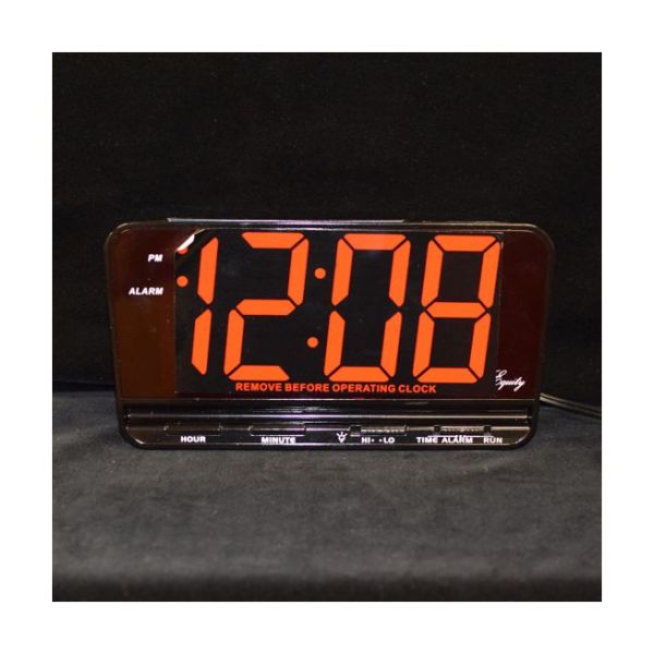 Black rectangular clock with a large LED display for time and alarm.