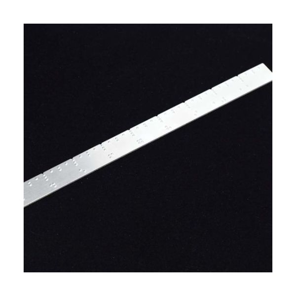 A notched aluminum ruler marked with Braille.