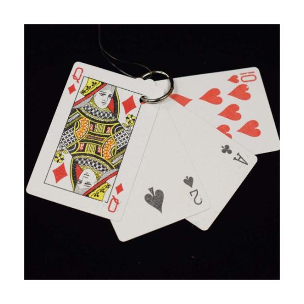 Sample playing cards with Braille (showing queen of diamonds, two of spades, ace of clubs, and ten of hearts).