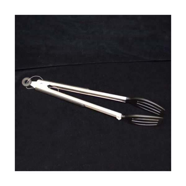 Cooking tongs with stainless steel handle and nylon ends.