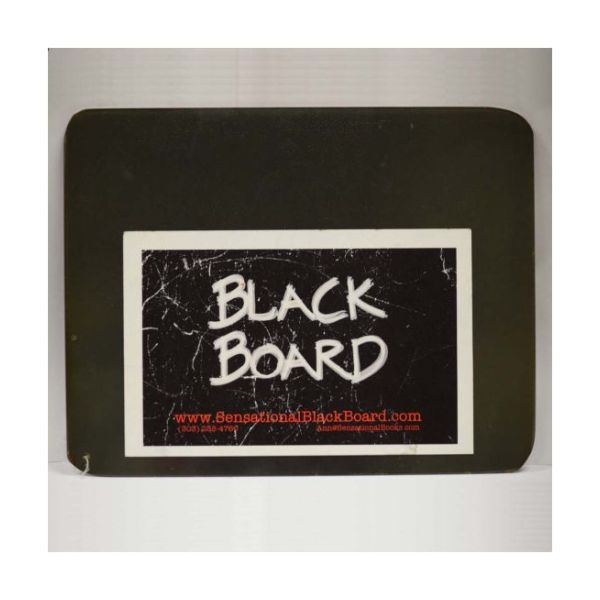 Blackboard with rounded corners and product label.