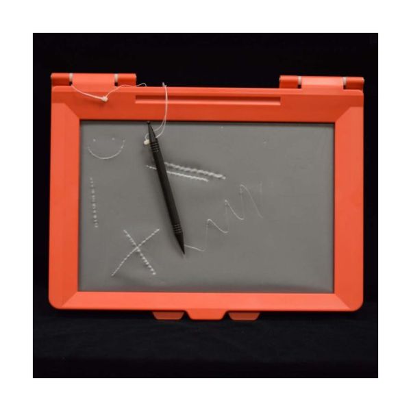 Orange-framed sketchpad has gray drawing surface and a double-ended stylus.