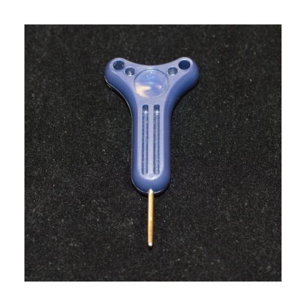 A blue plastic saddle-shaped stylus.