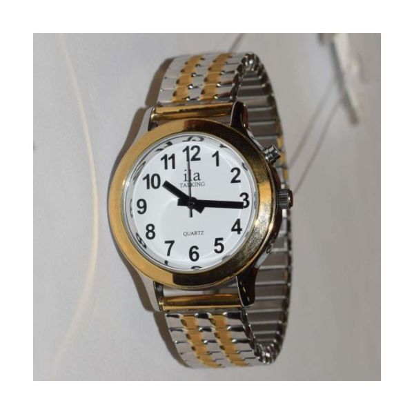 Gold ILA talking watch with silver and gold expansion band with hour, minute, and second hands.