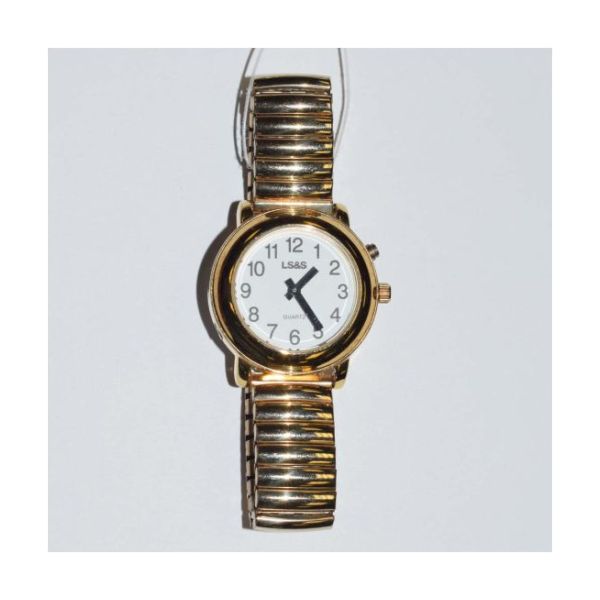 Gold LS&S watch with gold expansion band, a white face with clear black numbers, and thick black hour and minute hands.