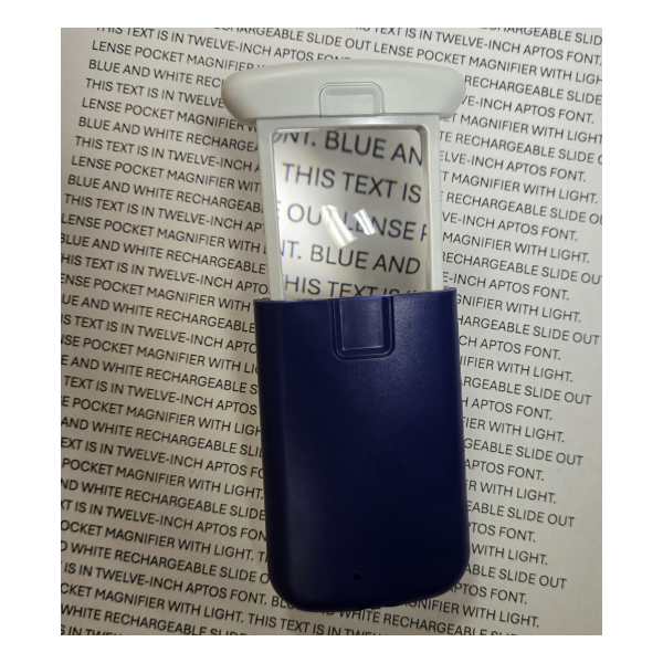Magnifier sits open on a page of text demonstrating its magnifying capacity.