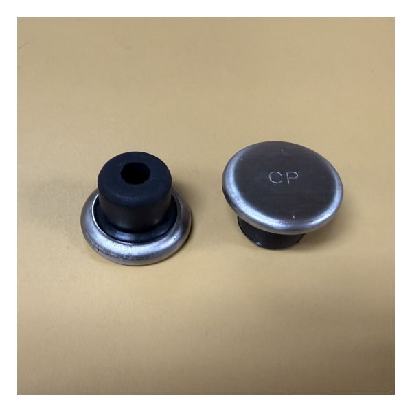 Bottom and top views of rubber cylinder and stainless steel cane tip.