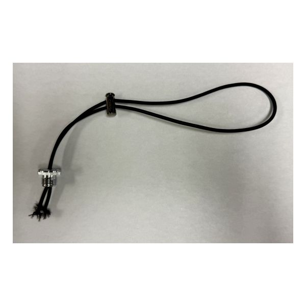 Silver plastic screw-on cap with black nylon wrist lanyard.