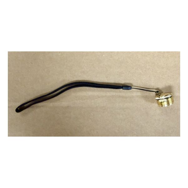 Gold plastic screw-on top with black nylon lanyard.