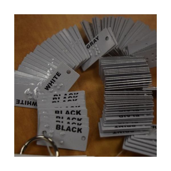 Gray aluminum color labels marked in Braille and print.